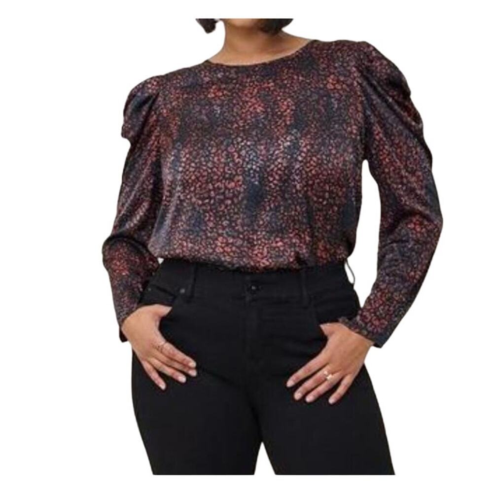 Torrid Satin Puff Long Sleeve Top Crewneck Leopard Brown Womens Plus Size 2X New